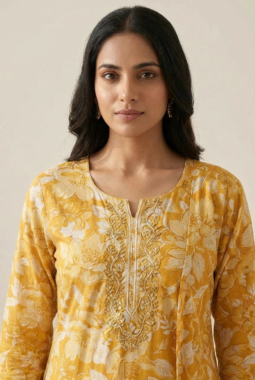 Cotton Straight Suit with Schiffli Lace for Daily Office Wear