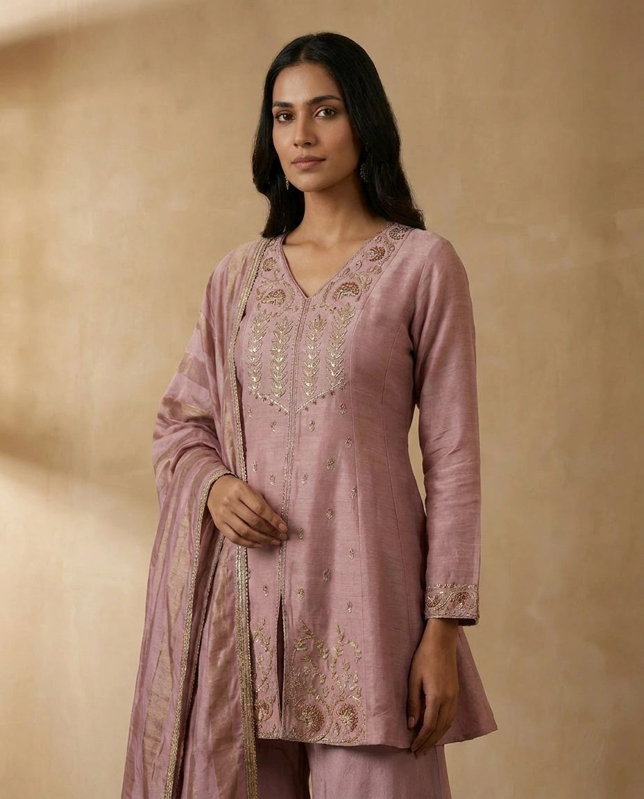 Tussar Silk Palazzo Suit with Hand Embroidered Neckline - Rangoli India