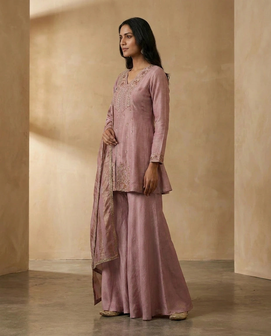 Tussar Silk Palazzo Suit with Hand Embroidered Neckline - Rangoli India