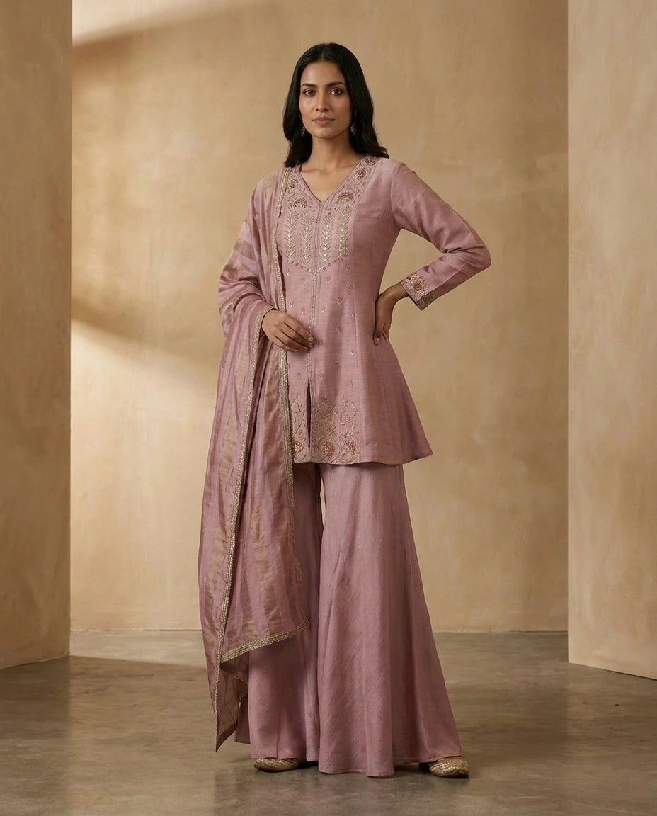 Tussar Silk Palazzo Suit with Hand Embroidered Neckline - Rangoli India