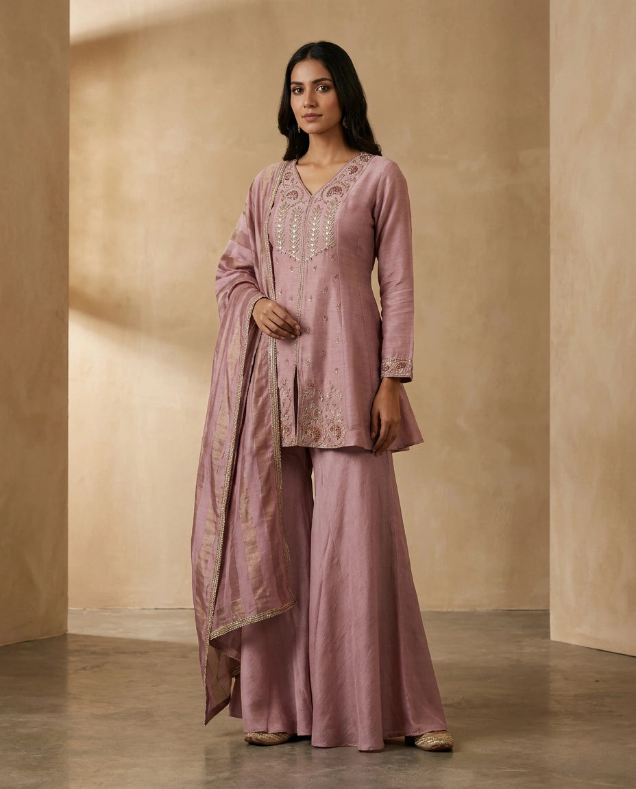 Tussar Silk Palazzo Suit with Hand Embroidered Neckline - Rangoli India