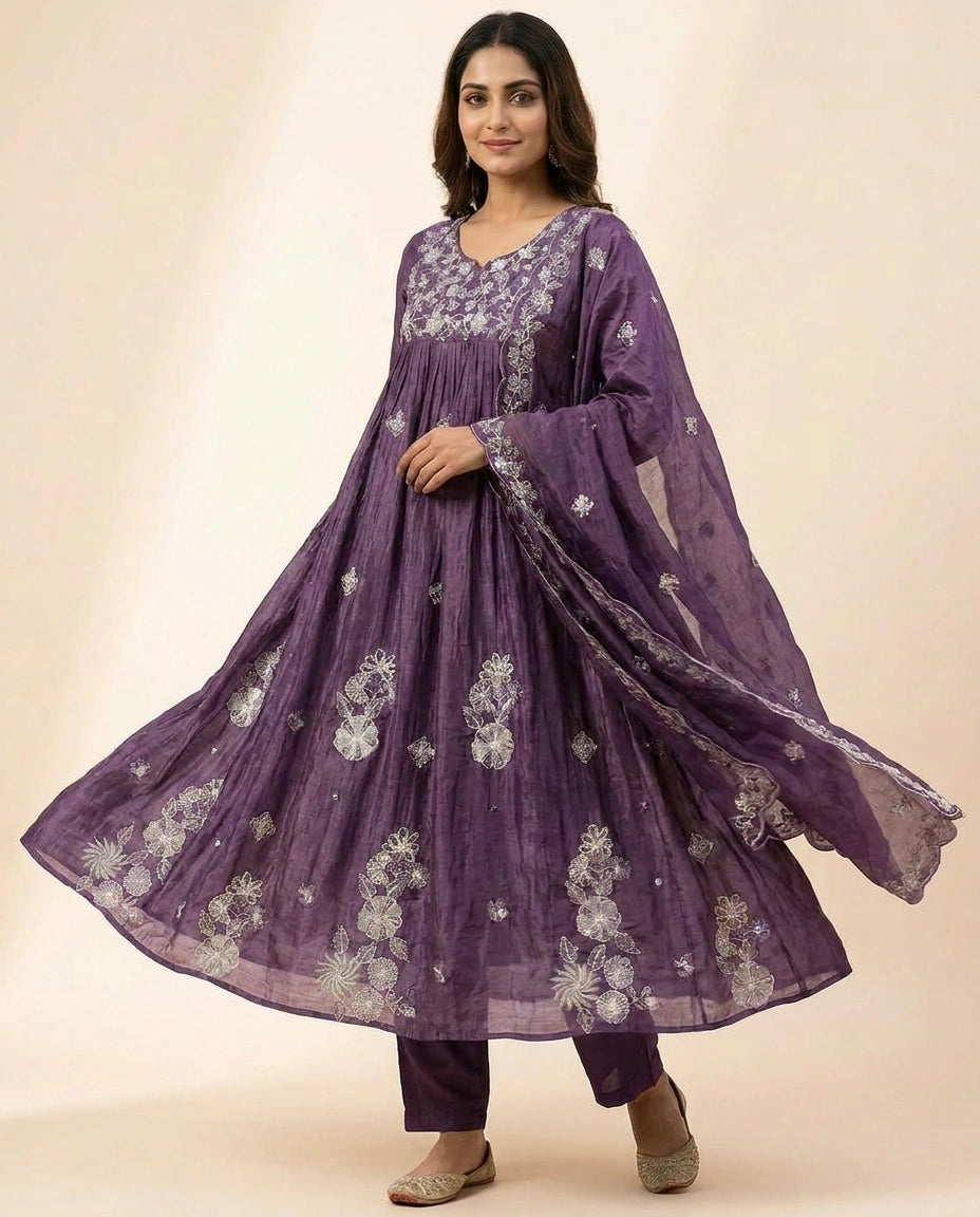 Chinon Silk Anarkali Suit with Aari Embroidered Bodice for Women - Rangoli India