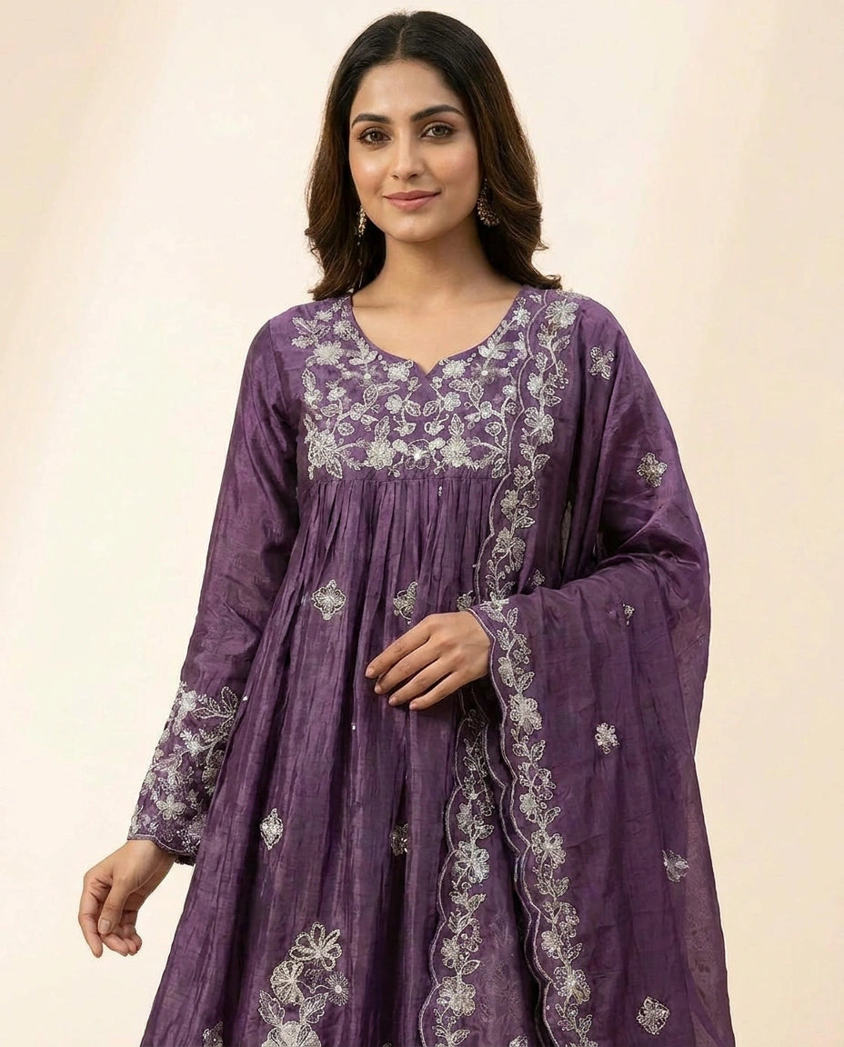 Chinon Silk Anarkali Suit with Aari Embroidered Bodice for Women - Rangoli India