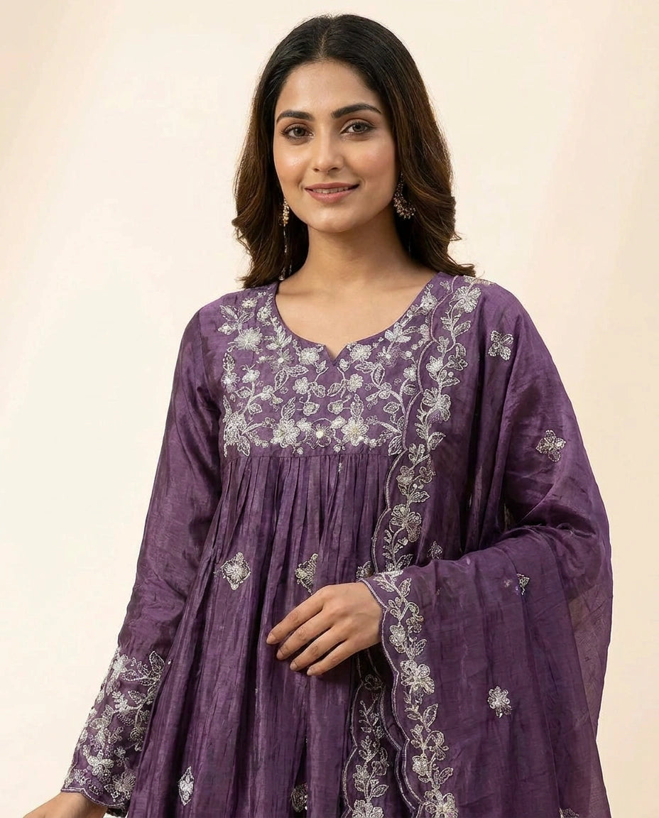 Chinon Silk Anarkali Suit with Aari Embroidered Bodice for Women - Rangoli India