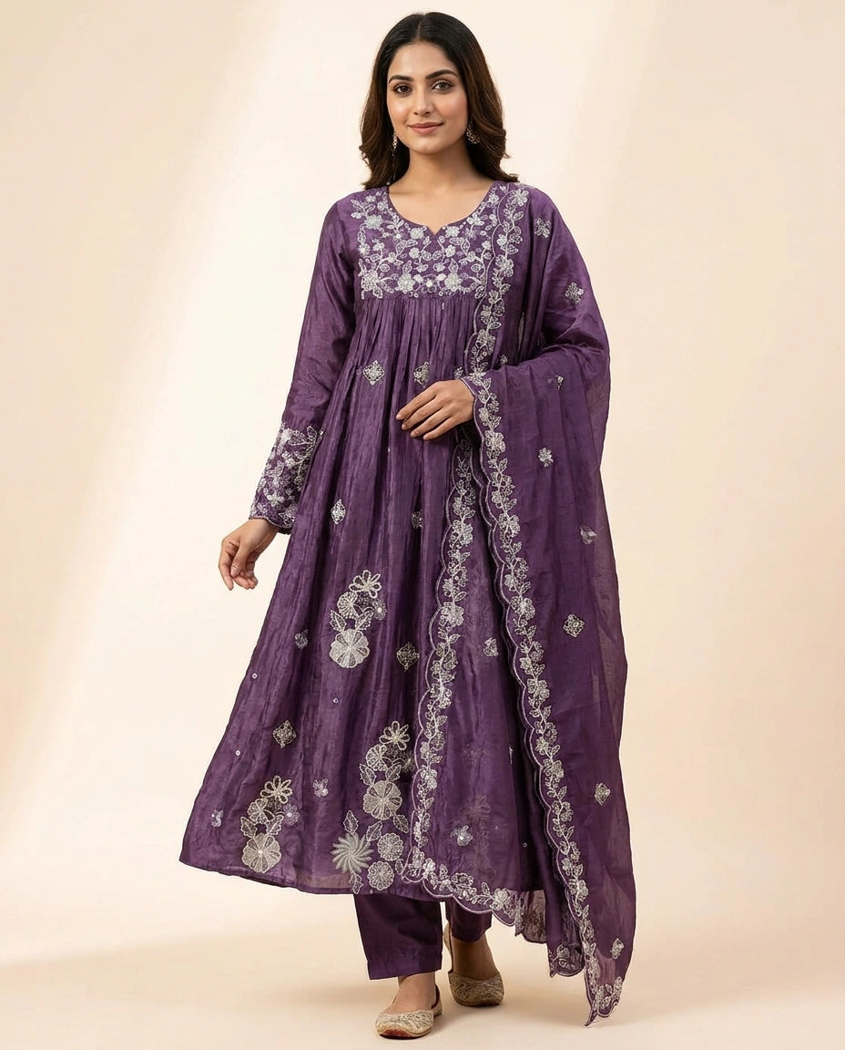 Chinon Silk Anarkali Suit with Aari Embroidered Bodice for Women - Rangoli India