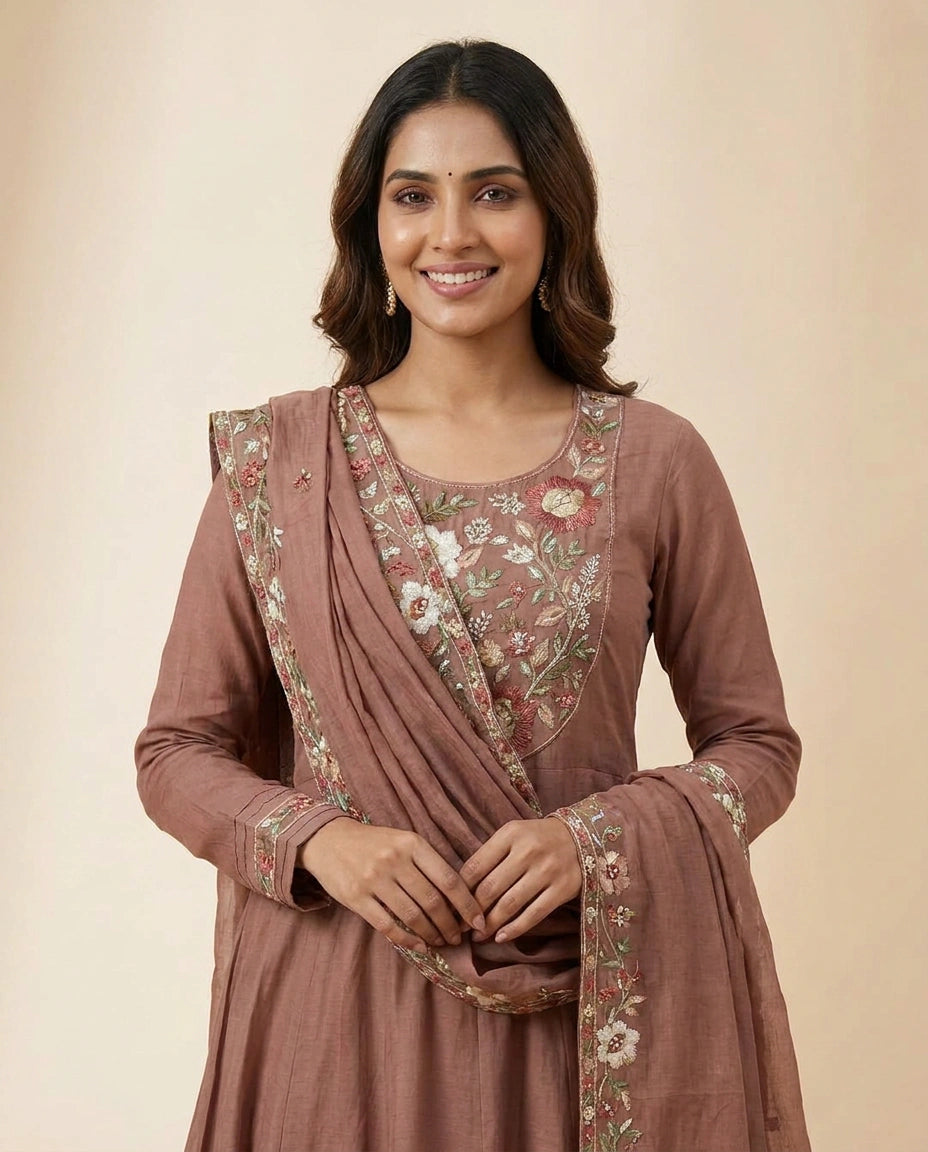 Cotton Anarkali Suit with Detailed Hem - Rangoli India