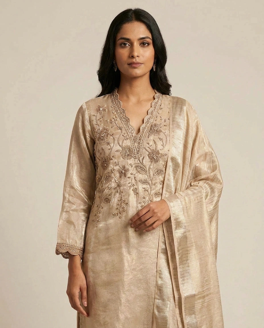 Tissue Straight Suit with Gota Patti and Sequin Work Online India - Rangoli India