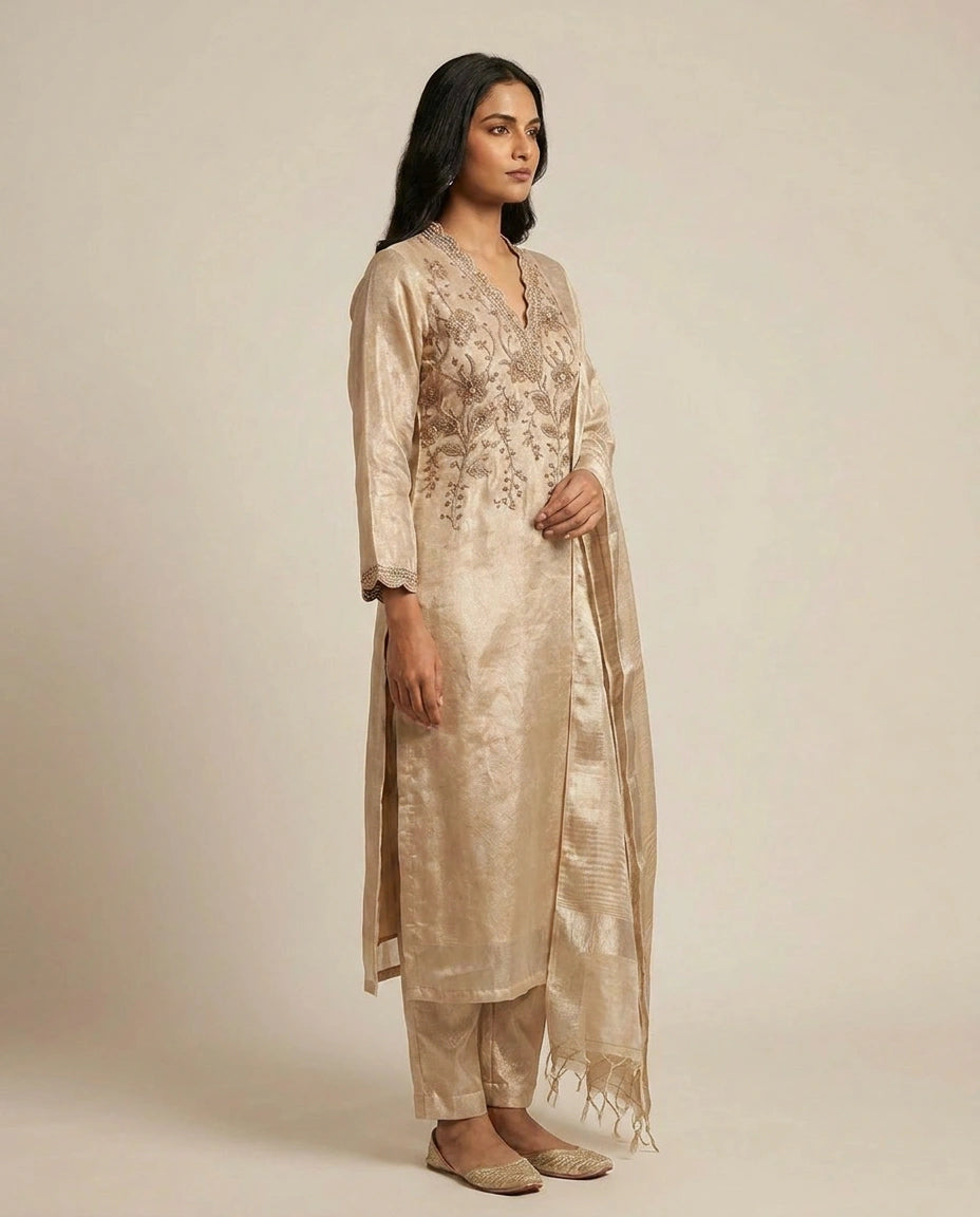 Tissue Straight Suit with Gota Patti and Sequin Work Online India - Rangoli India