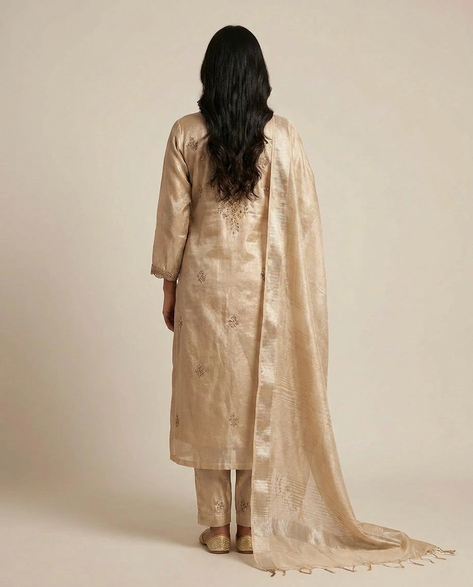 Tissue Straight Suit with Gota Patti and Sequin Work Online India - Rangoli India