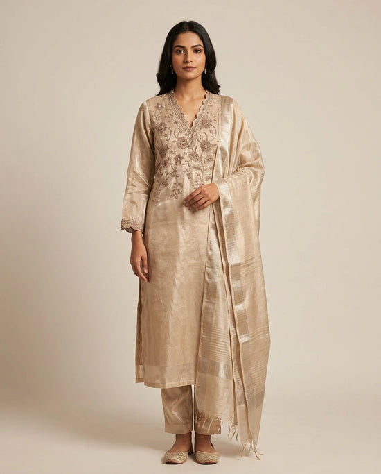 Tissue Straight Suit with Gota Patti and Sequin Work Online India - Rangoli India