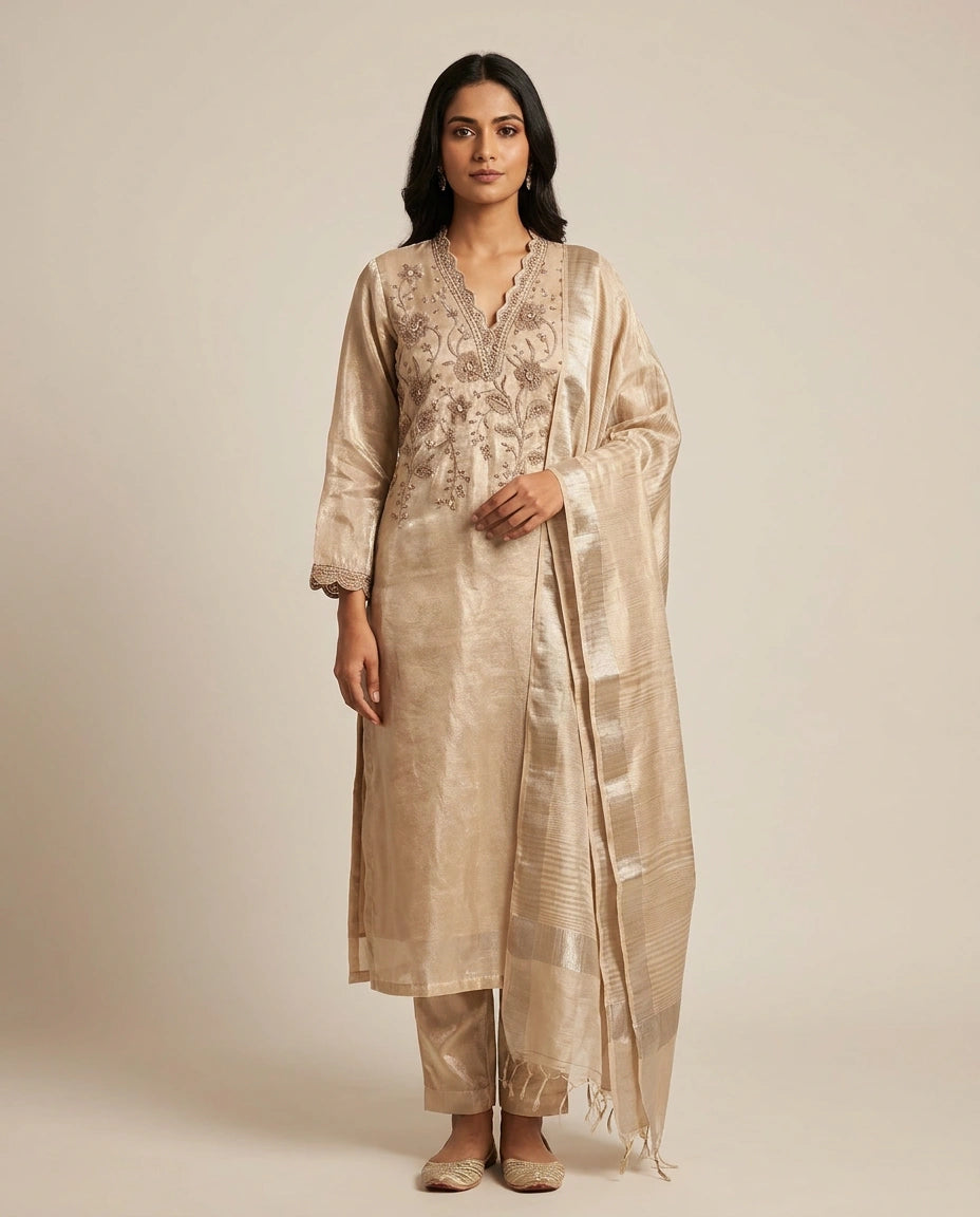 Tissue Straight Suit with Gota Patti and Sequin Work Online India - Rangoli India