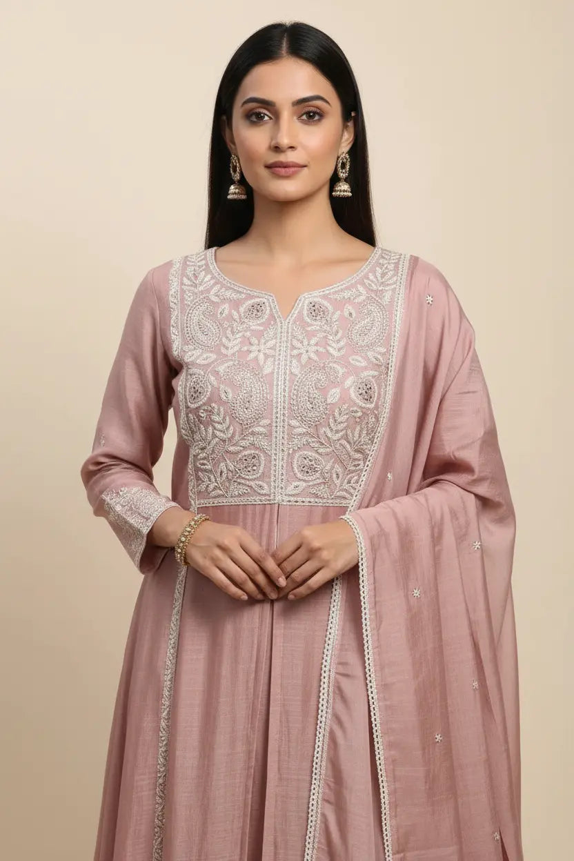Woman wearing a pink traditional outfit with white embroidery on a beige background