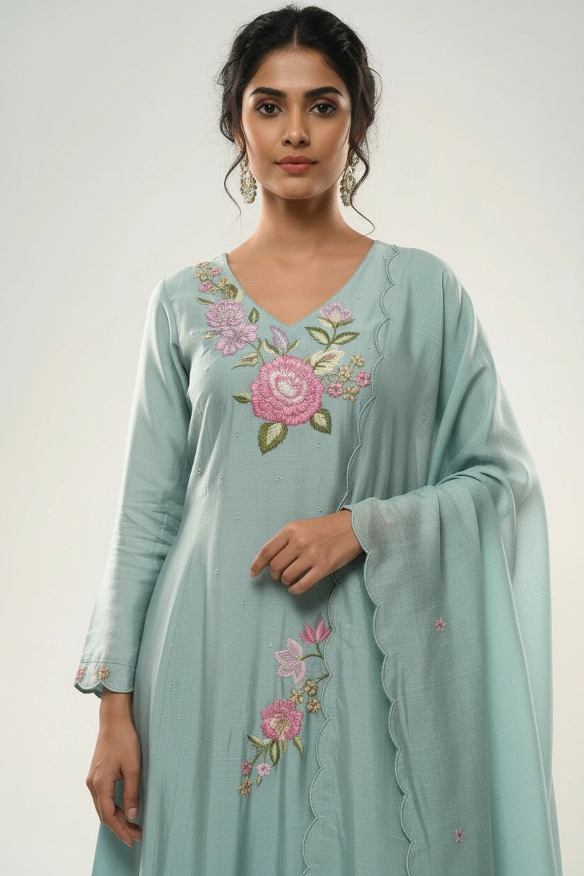 Flattering Dola Silk A-Line Suit - Rangoli Sarees