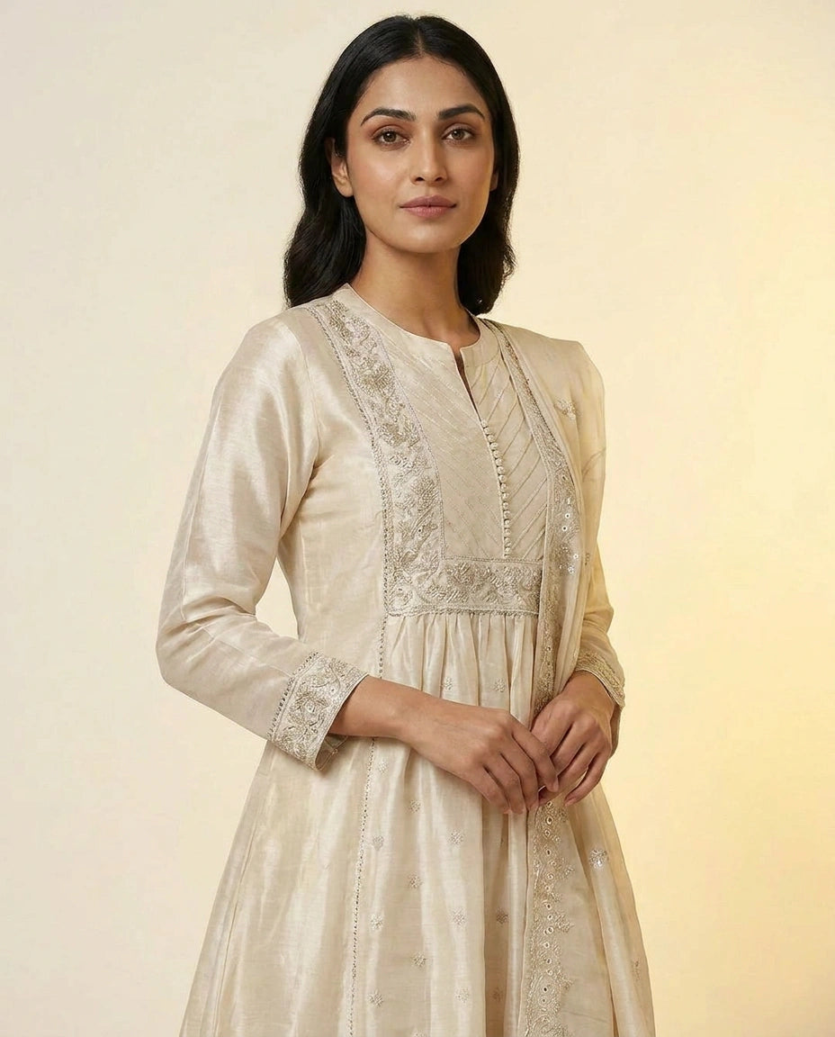 Tissue Anarkali Suit with Embroidered Yoke and Dupatta for Women - Rangoli India