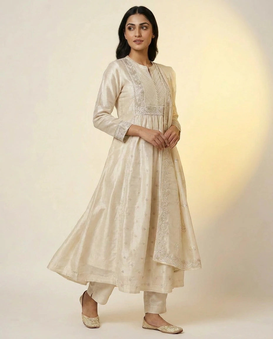 Tissue Anarkali Suit with Embroidered Yoke and Dupatta for Women - Rangoli India