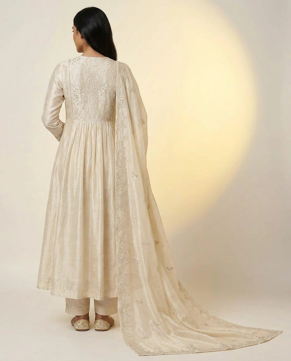Tissue Anarkali Suit with Embroidered Yoke and Dupatta for Women - Rangoli India
