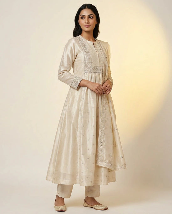 Tissue Anarkali Suit with Embroidered Yoke and Dupatta for Women - Rangoli India