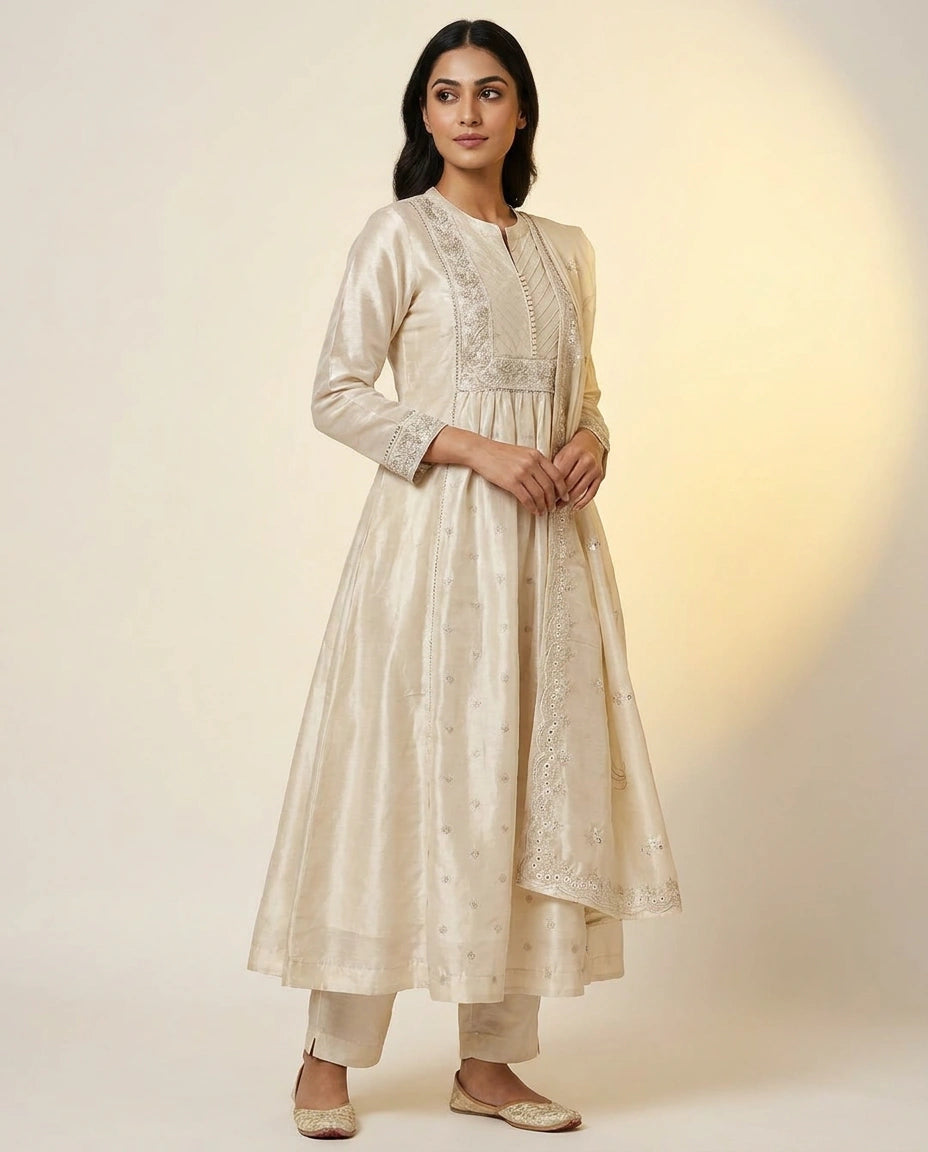 Tissue Anarkali Suit with Embroidered Yoke and Dupatta for Women - Rangoli India