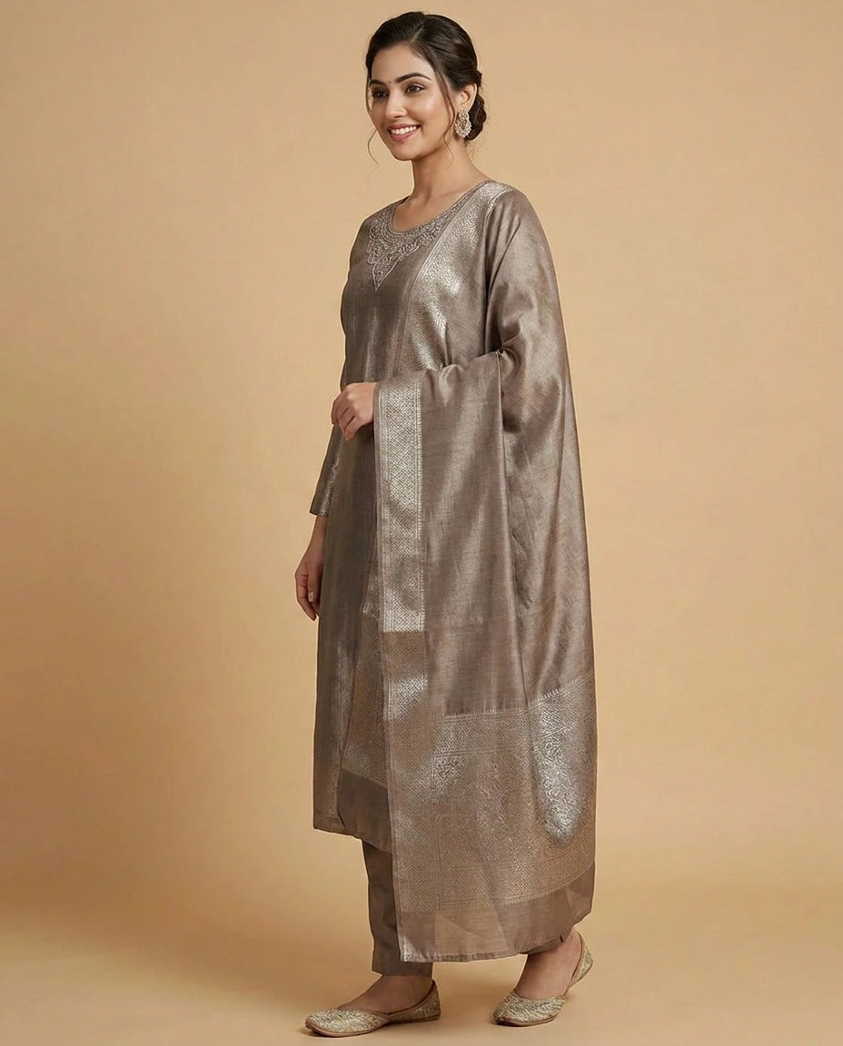Brown Tissue Straight Suit with Embroidered Sleeves - Rangoli India
