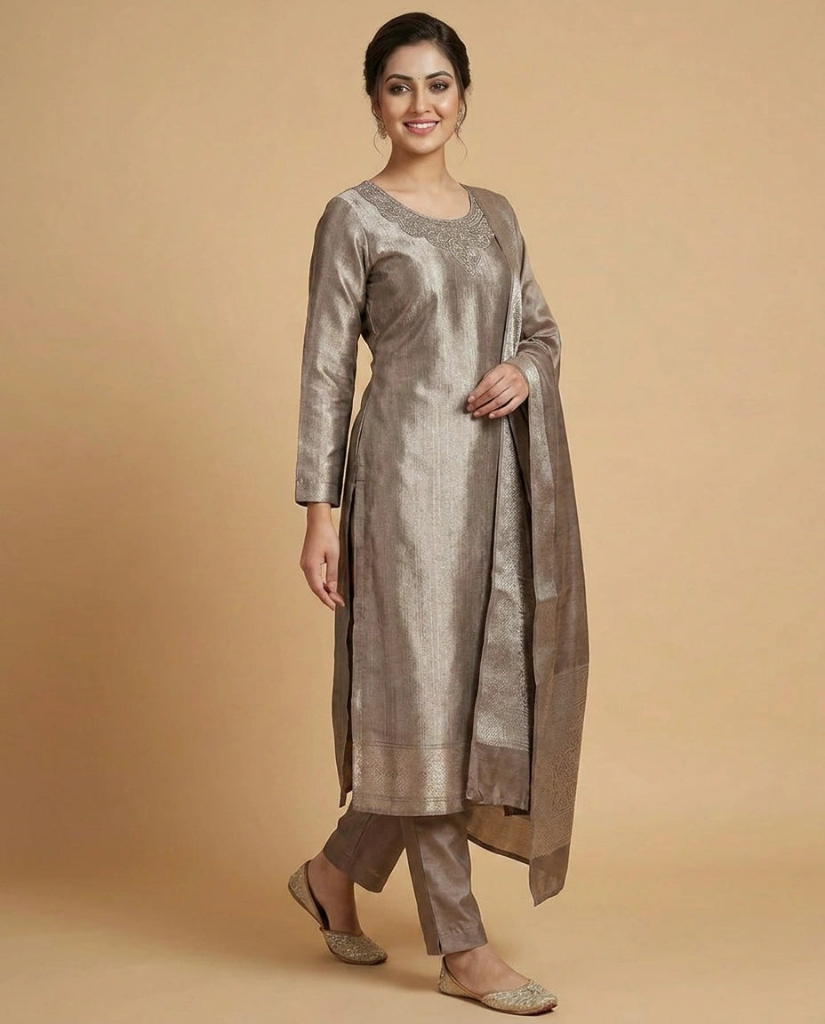 Brown Tissue Straight Suit with Embroidered Sleeves - Rangoli India