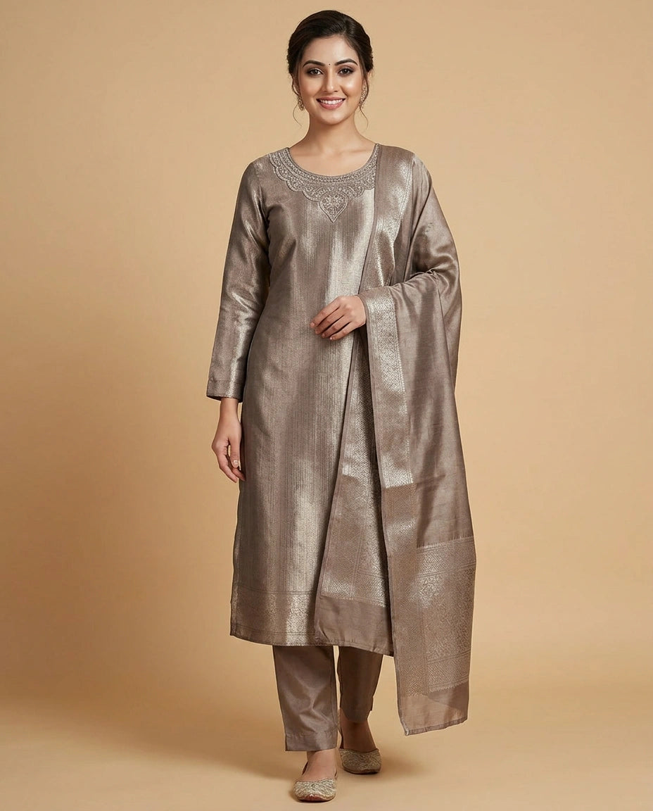 Brown Tissue Straight Suit with Embroidered Sleeves - Rangoli India
