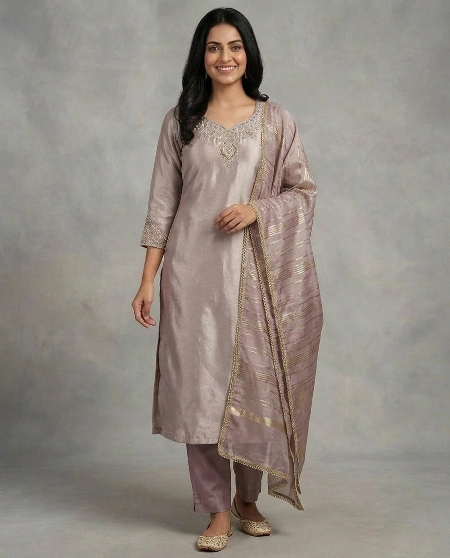 Cotton Straight Suit with Embroidered Detail - Rangoli India