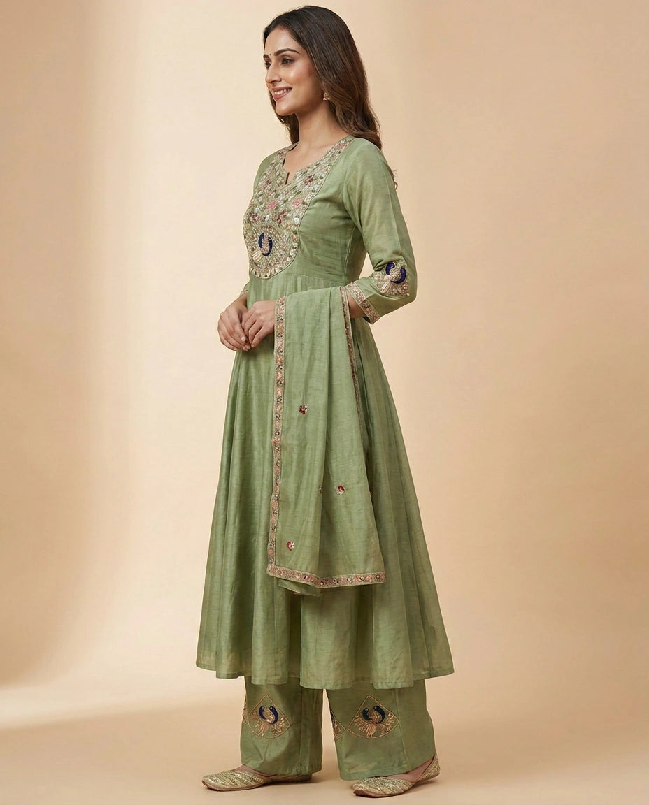 Pista Green Chanderi Palazzo Suit - Rangoli India