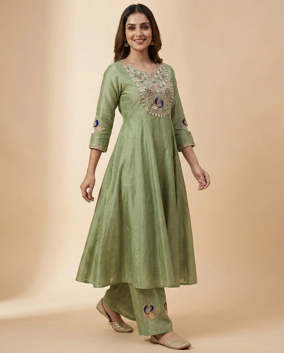 Pista Green Chanderi Palazzo Suit - Rangoli India