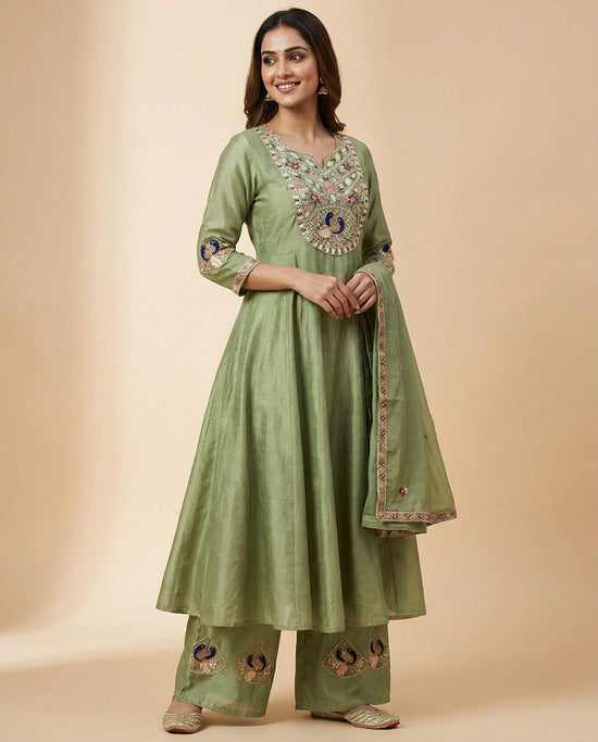 Pista Green Chanderi Palazzo Suit - Rangoli India