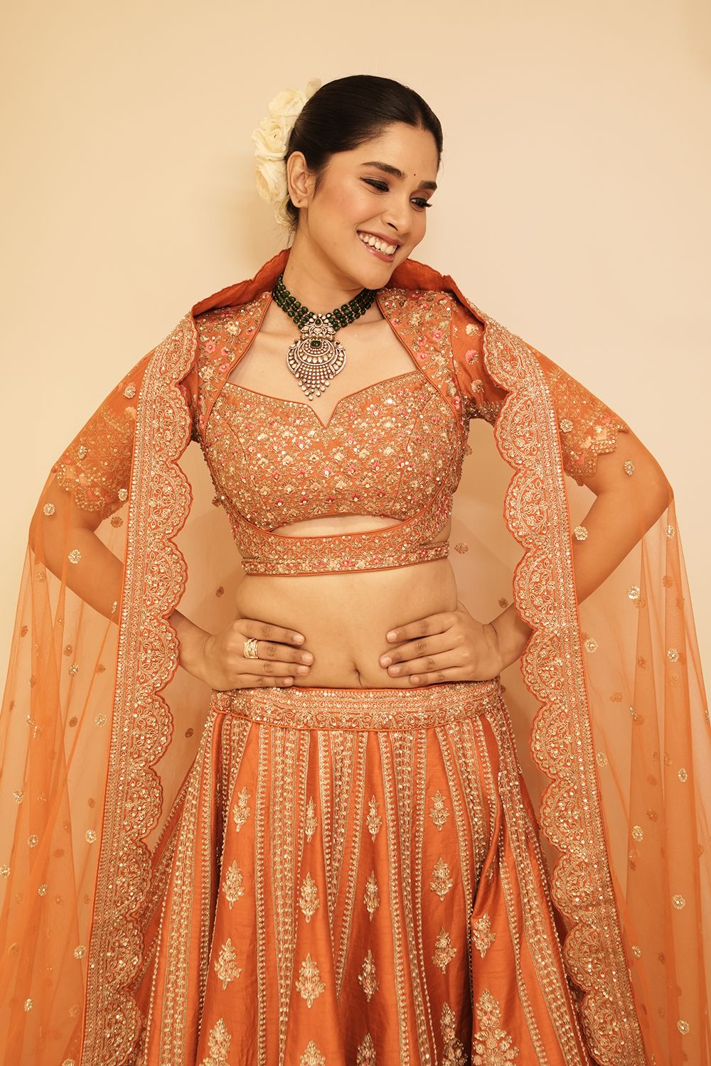 Rust Embroidered Raw Silk Bridal Lehenga Set