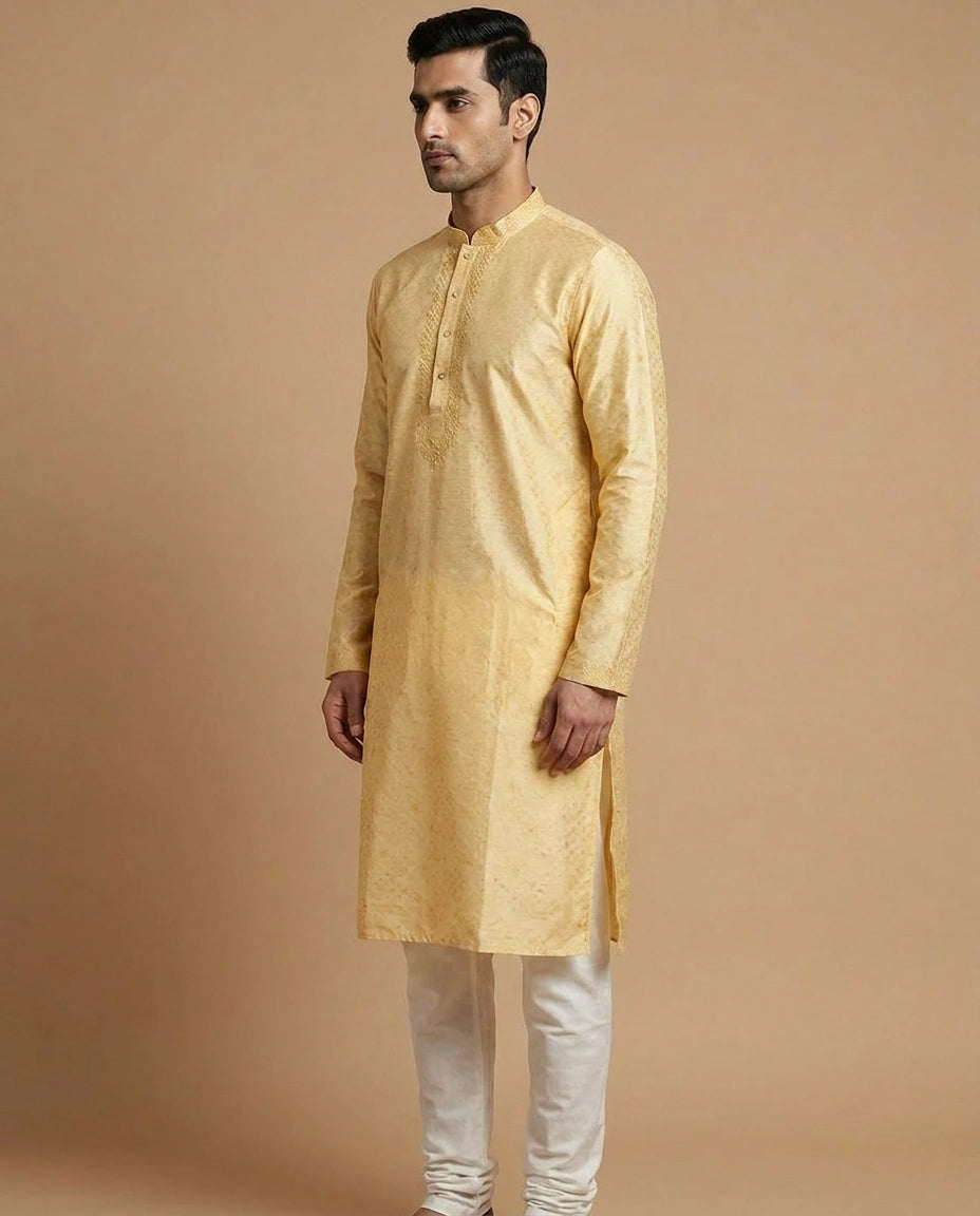 Cotton Kurta Pyjama Set for Men with Embroidered Placket view 2