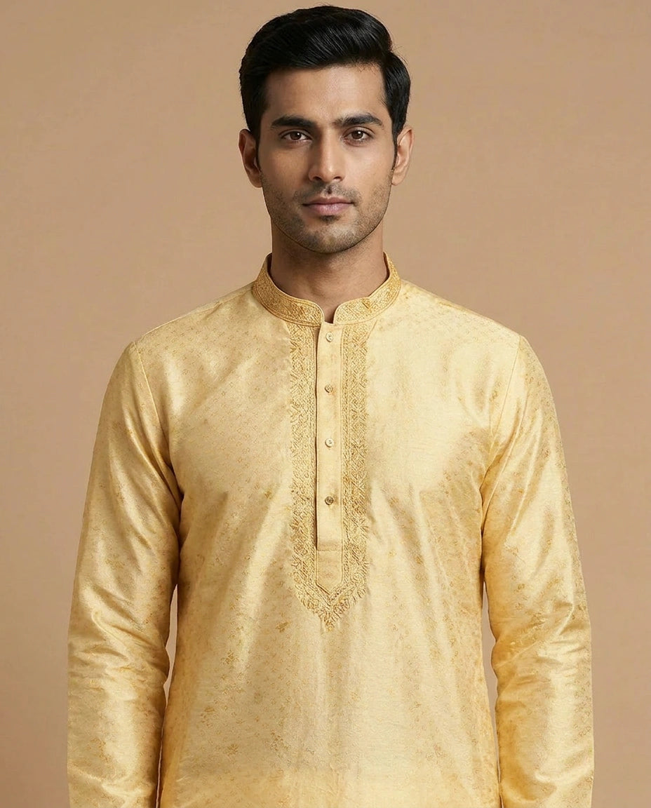 Cotton Kurta Pyjama Set for Men with Embroidered Placket view 4