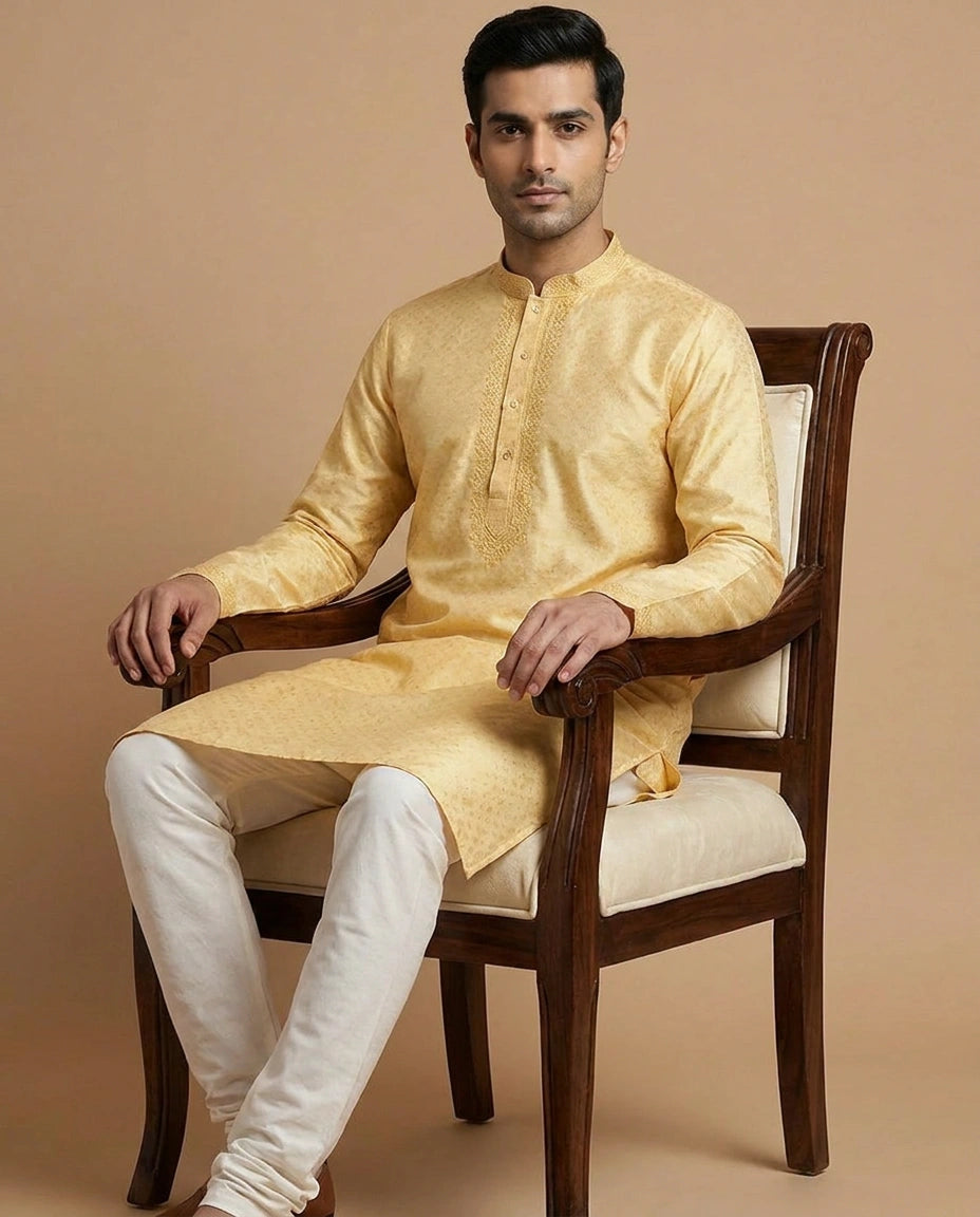 Cotton Kurta Pyjama Set for Men with Embroidered Placket view 5