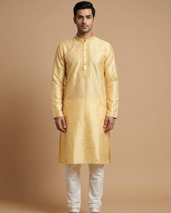 Yellow Cotton Kurta Pyjama Set for Men with Embroidered Placket