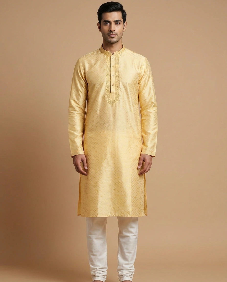 Yellow Cotton Kurta Pyjama Set for Men with Embroidered Placket