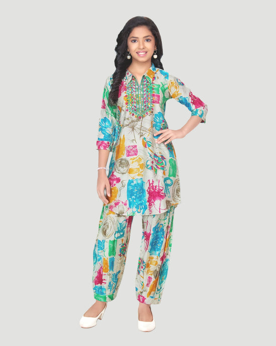 Green Girls White Abstract Print Kurta Palazzo Co-ord Set - Rangoli India