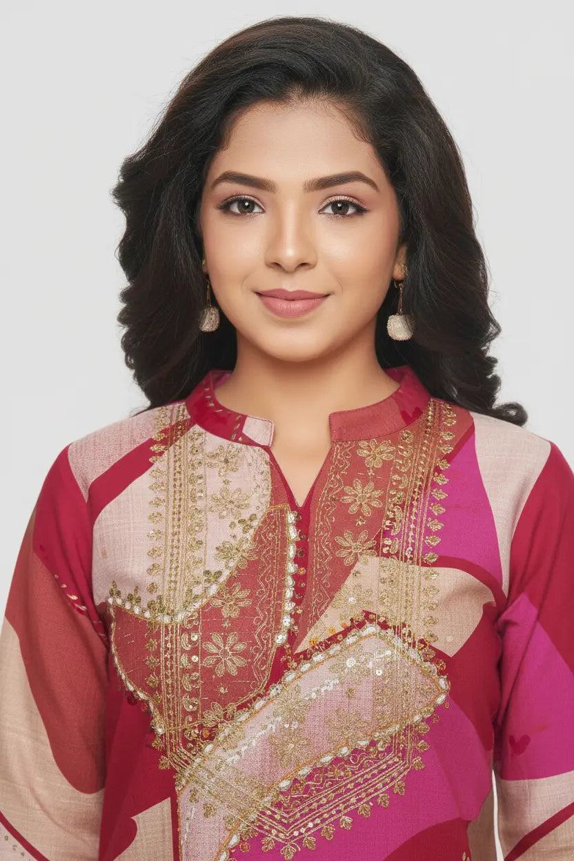 Woman wearing a traditional embroidered pink and red outfit on a white background