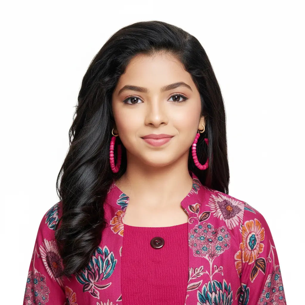 Woman wearing a pink floral outfit with large earrings on a white background
