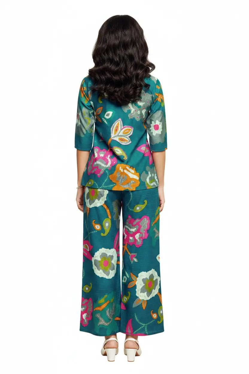 Woman wearing a colorful floral outfit on a white background