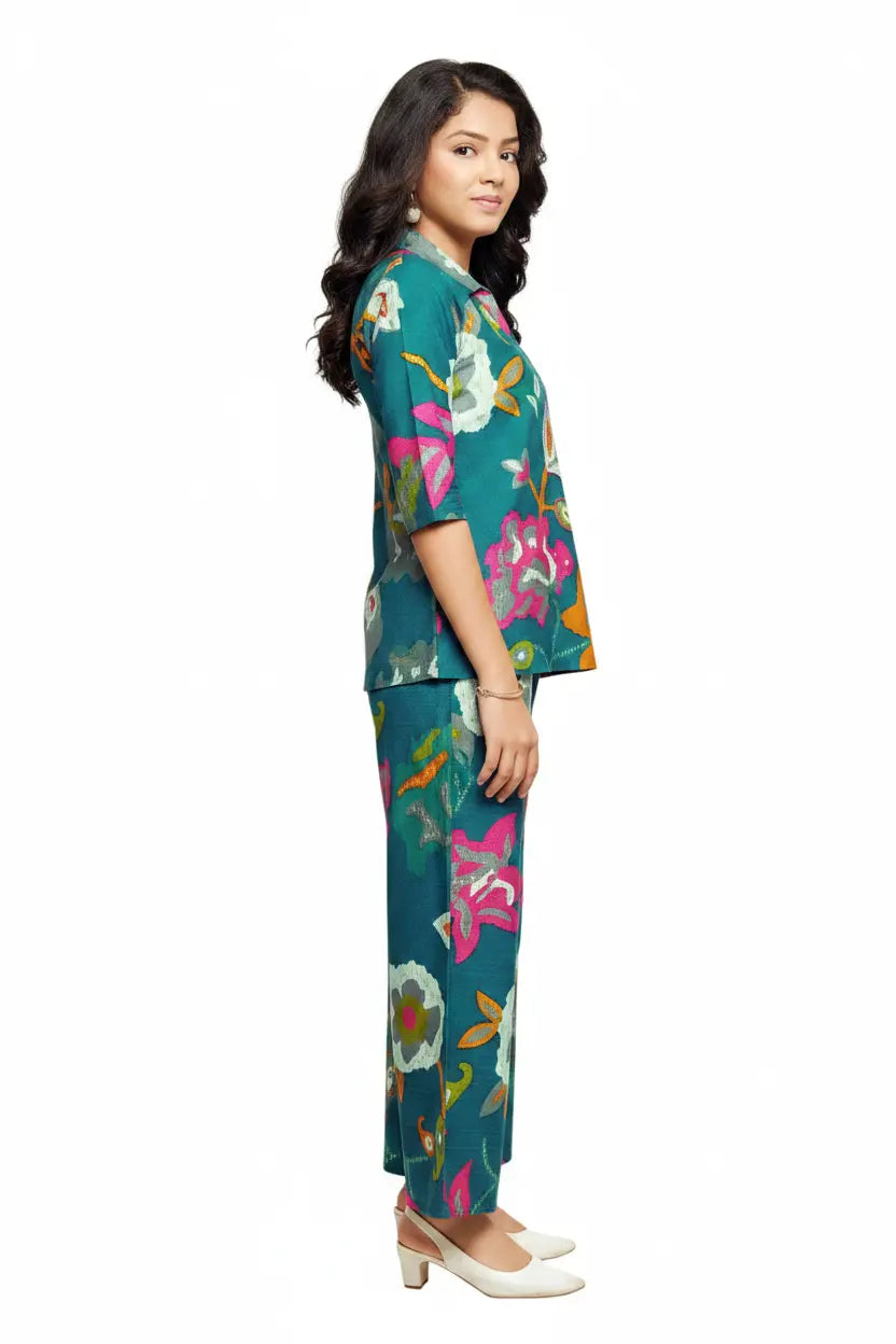 Woman wearing a floral outfit on a white background
