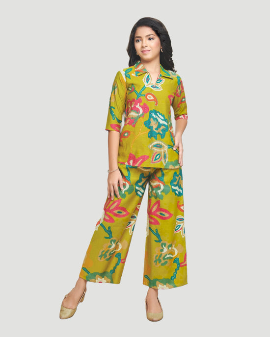 Green Girls Mustard Tropical Print Co-ord Set - Rangoli India