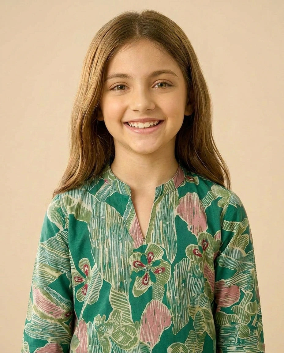 Printed Silk Katan Kids Co-ord Set - Rangoli India