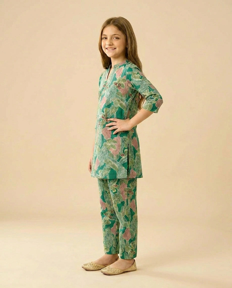 Printed Silk Katan Kids Co-ord Set - Rangoli India