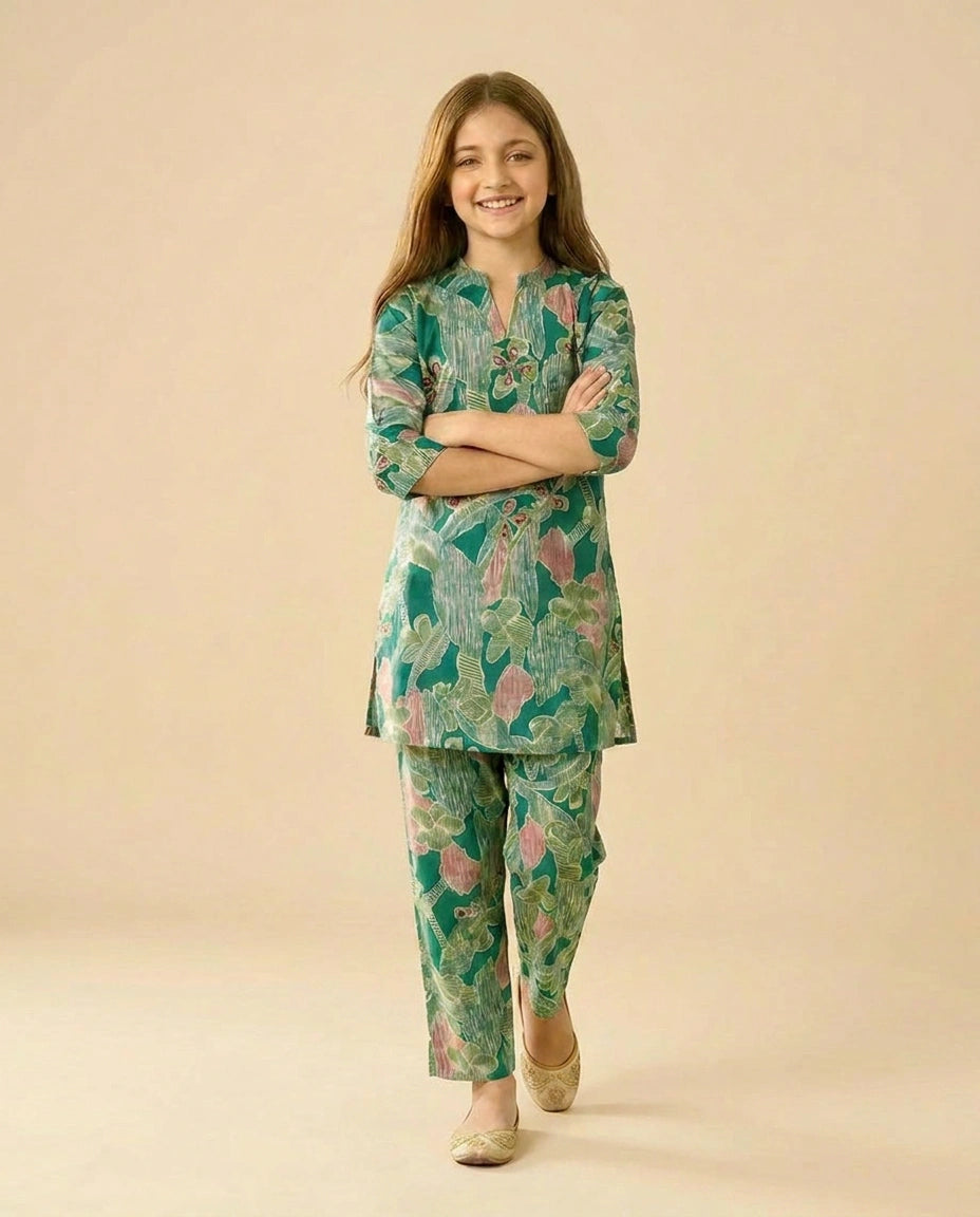 Printed Silk Katan Kids Co-ord Set - Rangoli India