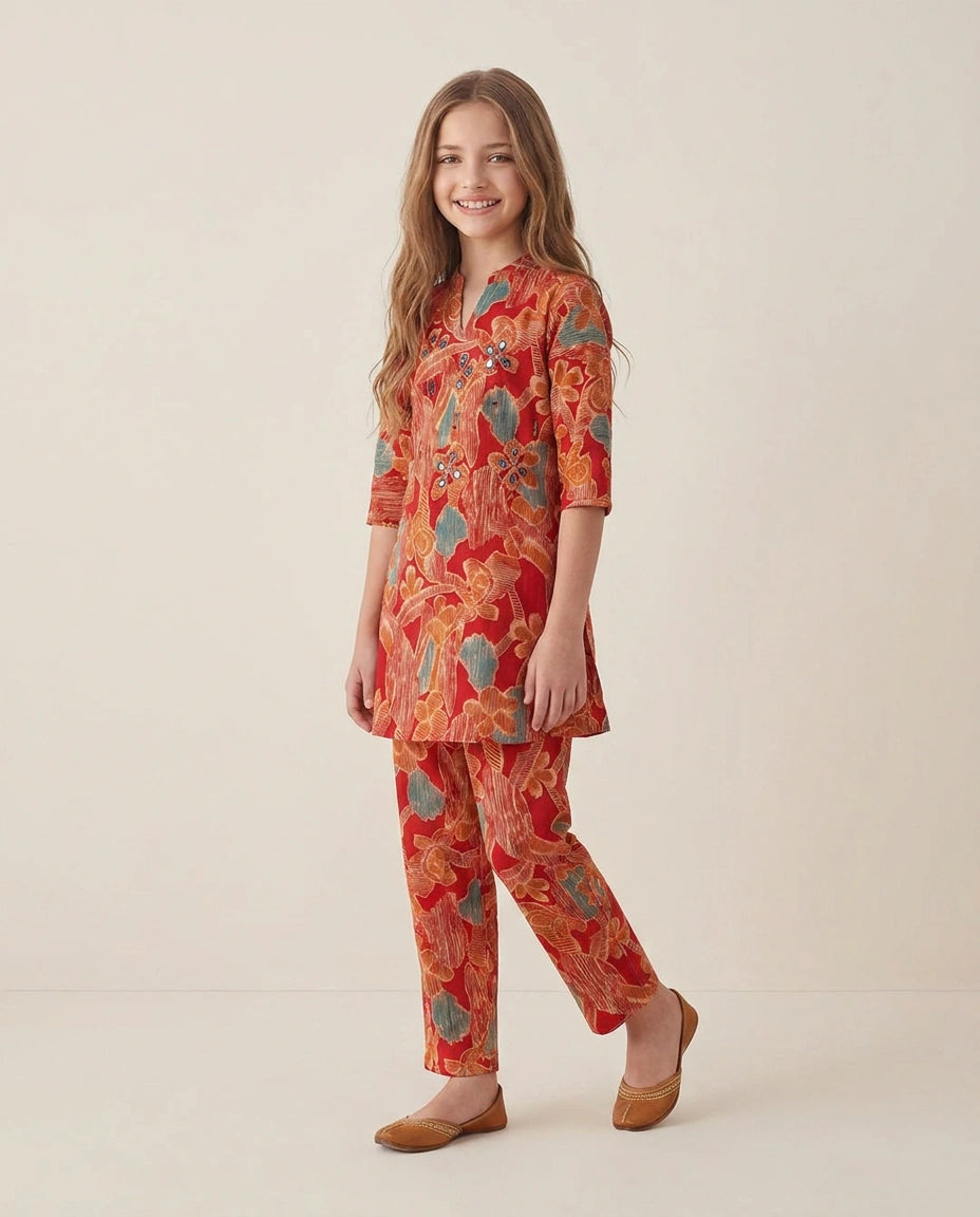 Printed Silk Katan Kids Co-ord Set - Rangoli India