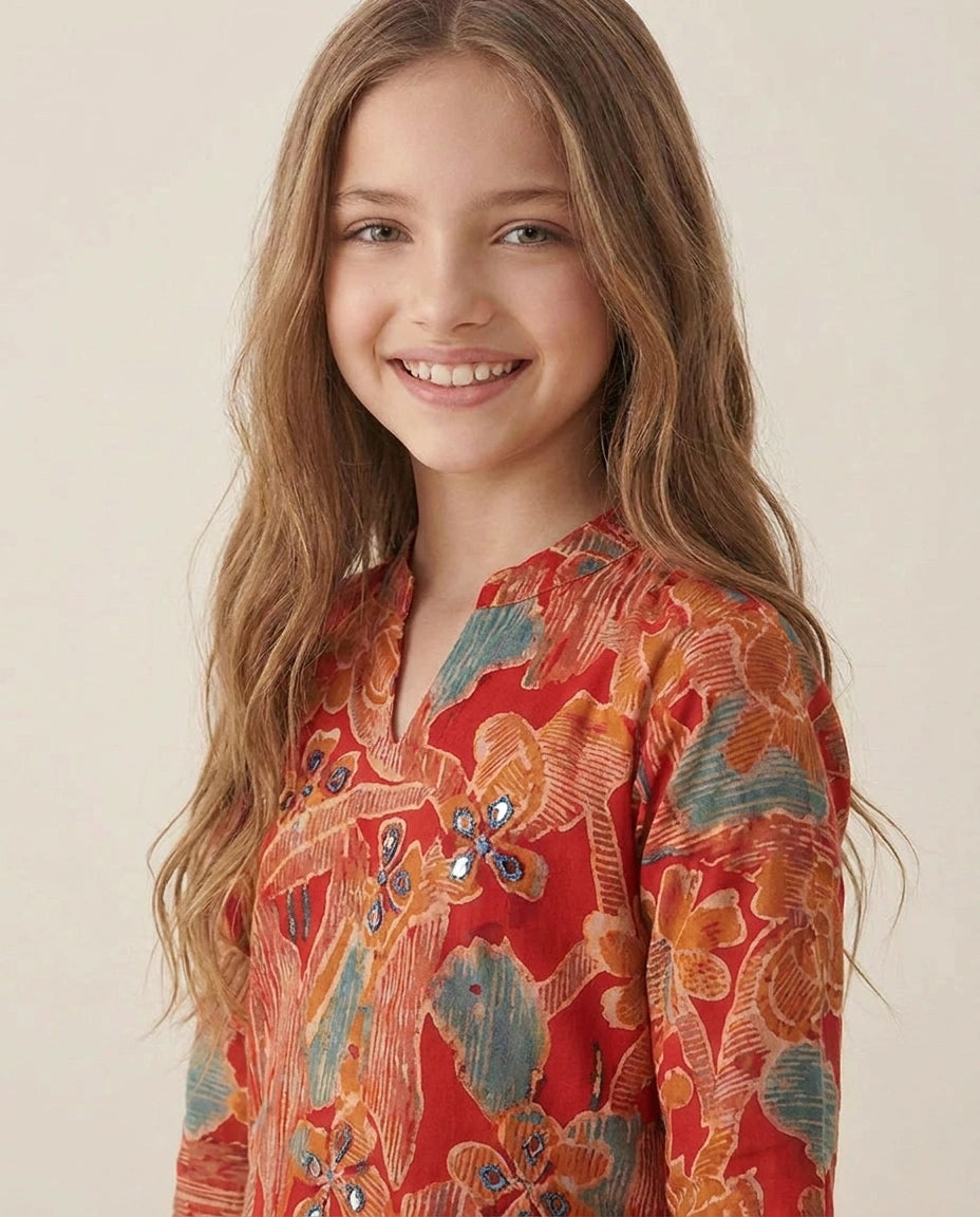 Printed Silk Katan Kids Co-ord Set - Rangoli India