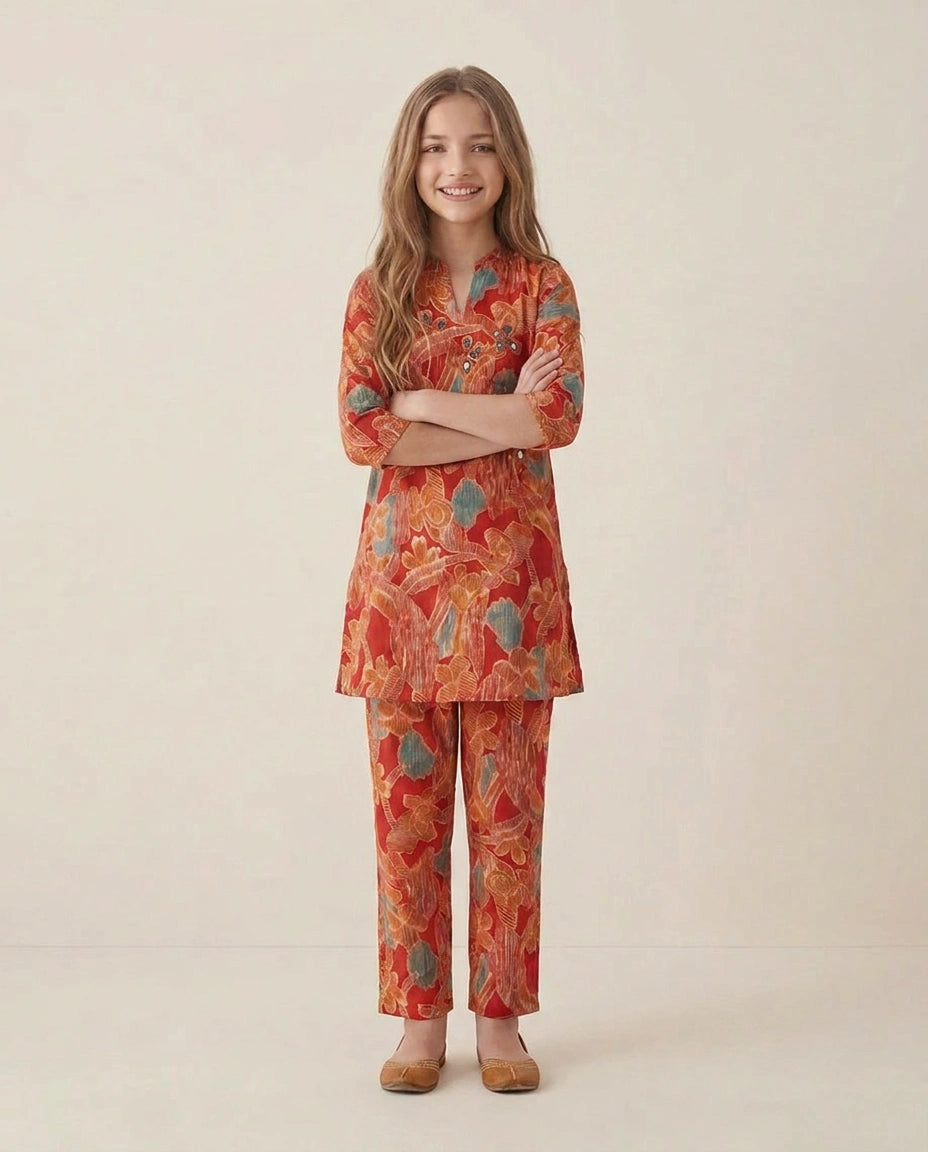 Printed Silk Katan Kids Co-ord Set - Rangoli India