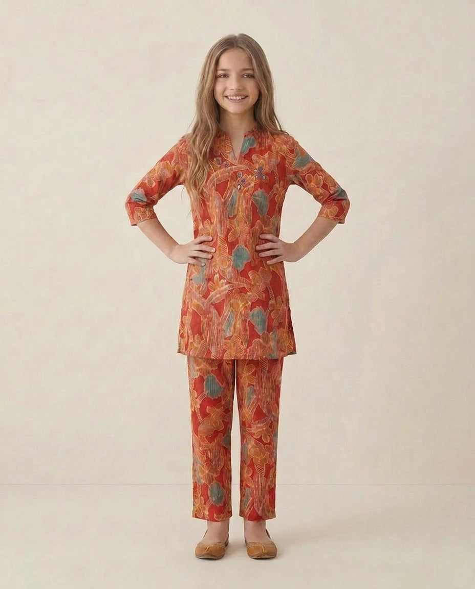 Printed Silk Katan Kids Co-ord Set - Rangoli India