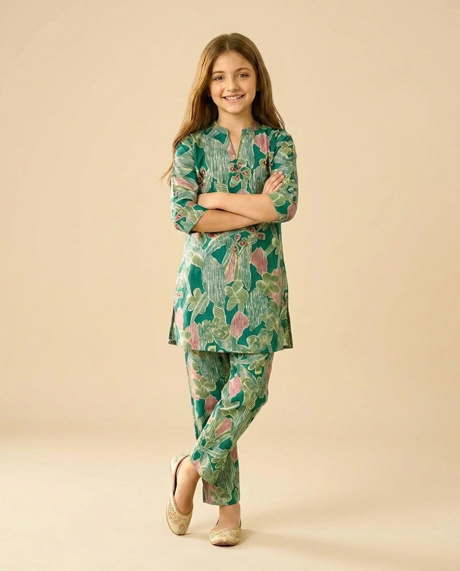 Printed Silk Katan Kids Co-ord Set - Rangoli India