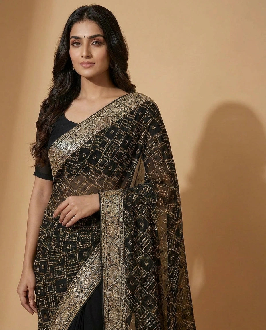 Embroidered Georgette Saree with Floral Sequin Detailing view 4
